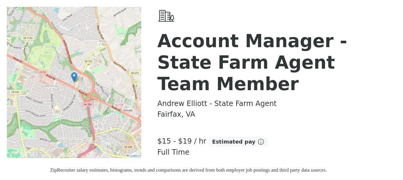 Andrew Elliott - State Farm Agent job posting for a Account Manager - State Farm Agent Team Member in Fairfax, VA with a salary of $16 to $20 Hourly with a map of Fairfax location.
