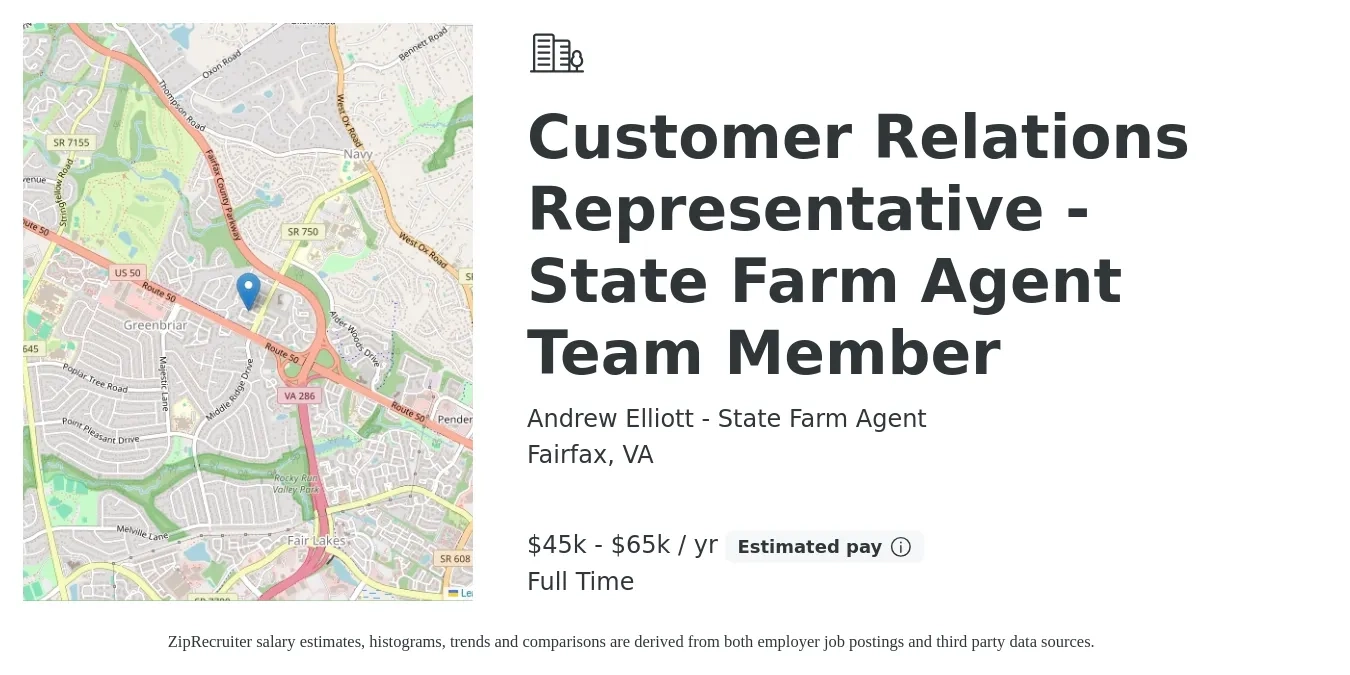 Andrew Elliott - State Farm Agent job posting for a Customer Relations Representative - State Farm Agent Team Member in Fairfax, VA with a salary of $45,000 to $65,000 Yearly with a map of Fairfax location.
