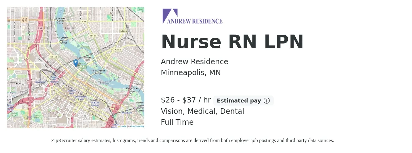 Andrew Residence job posting for a Nurse RN LPN in Minneapolis, MN with a salary of $28 to $39 Hourly and benefits including medical, pto, retirement, vision, dental, and life_insurance with a map of Minneapolis location.