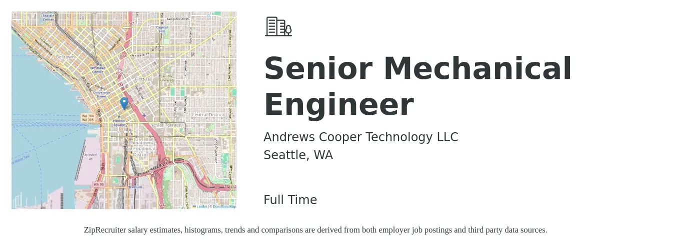 Andrews Cooper Technology LLC job posting for a Senior Mechanical Engineer in Seattle, WA with a salary of $85,000 to $160,000 Yearly with a map of Seattle location.