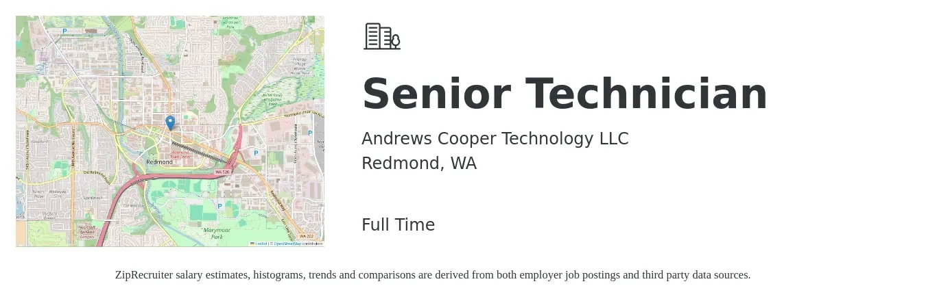 Andrews Cooper Technology LLC job posting for a Senior Technician in Redmond, WA with a salary of $60,000 to $100,000 Yearly with a map of Redmond location.