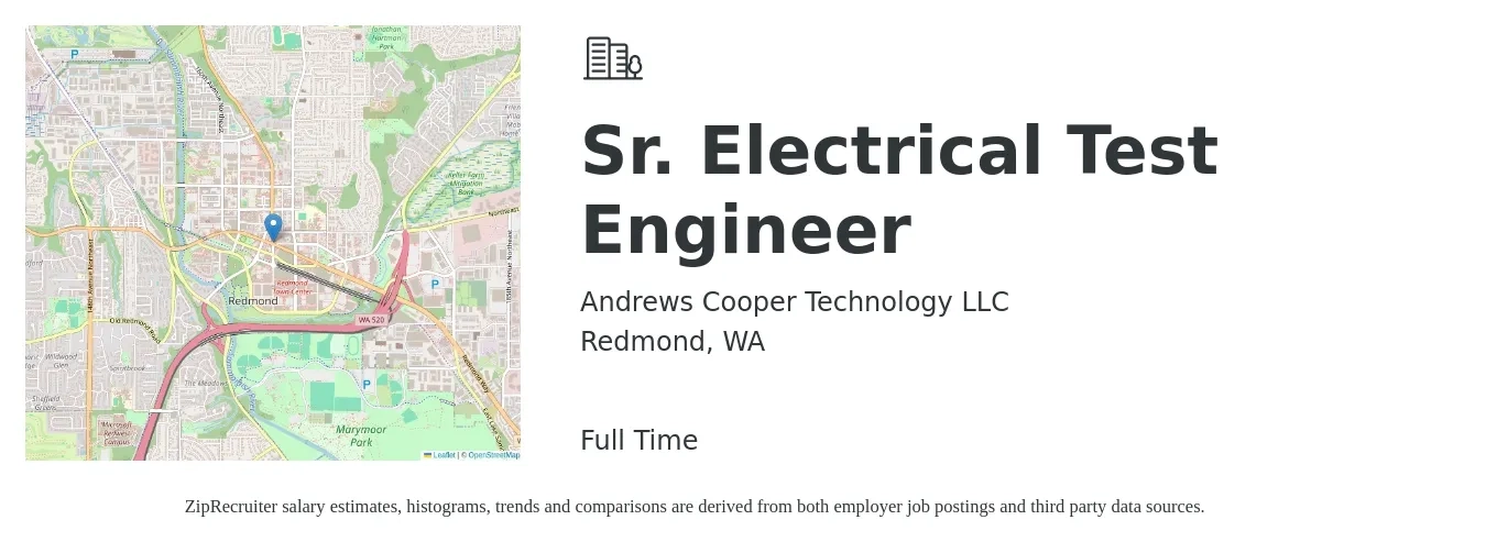 Andrews Cooper Technology LLC job posting for a Sr. Electrical Test Engineer in Redmond, WA with a salary of $75,000 to $150,000 Yearly with a map of Redmond location.