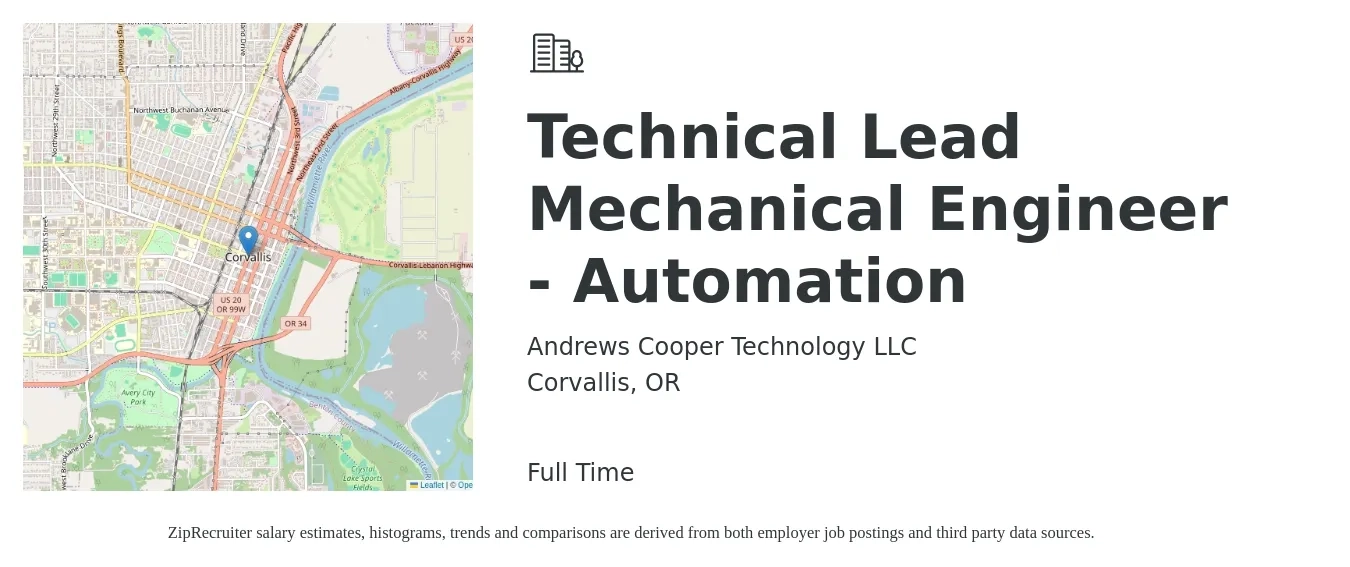 Andrews Cooper Technology LLC job posting for a Technical Lead Mechanical Engineer - Automation in Corvallis, OR with a salary of $114,500 to $138,300 Yearly with a map of Corvallis location.