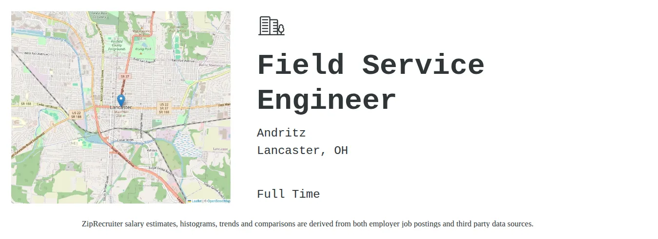 Andritz job posting for a Field Service Engineer in Lancaster, OH with a salary of $52,100 to $77,200 Annually with a map of Lancaster location.