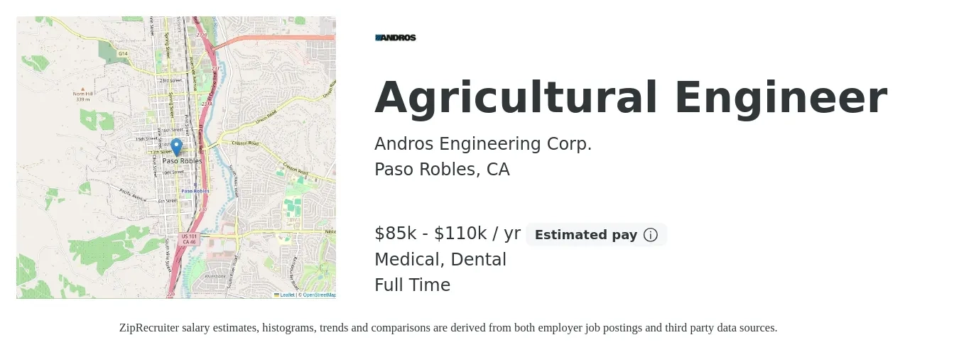 Andros Engineering Corp. job posting for a Agricultural Engineer in Paso Robles, CA with a salary of $85,000 to $110,000 Yearly and benefits including dental, medical, and retirement with a map of Paso Robles location.