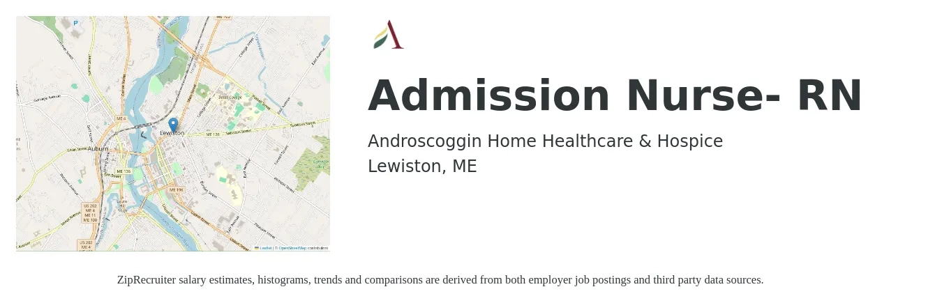 Androscoggin Home Healthcare & Hospice job posting for a Admission Nurse- RN in Lewiston, ME with a salary of $37 to $53 Hourly with a map of Lewiston location.