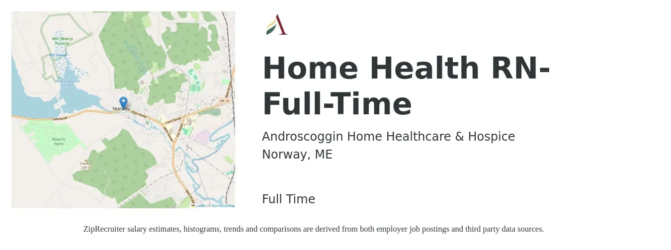 Androscoggin Home Healthcare & Hospice job posting for a Home Health RN- Full-Time in Norway, ME with a salary of $1,500 to $2,240 Weekly with a map of Norway location.
