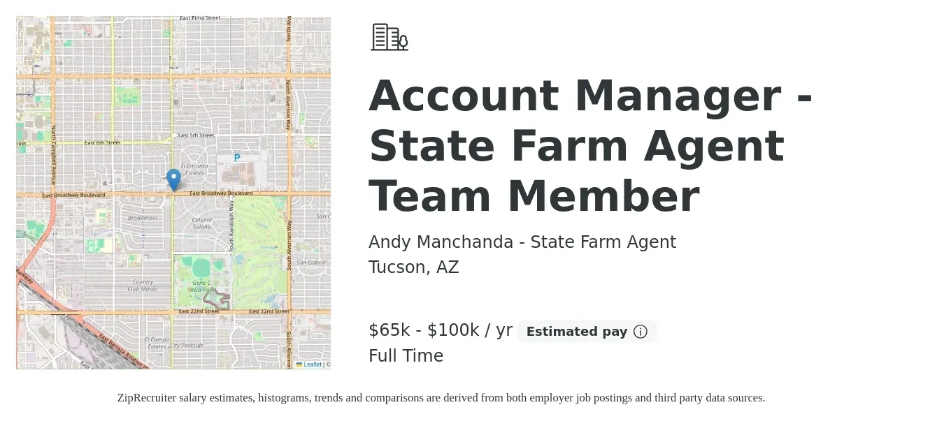 Andy Manchanda - State Farm Agent job posting for a Account Manager - State Farm Agent Team Member in Tucson, AZ with a salary of $35,000 to $75,000 Yearly with a map of Tucson location.
