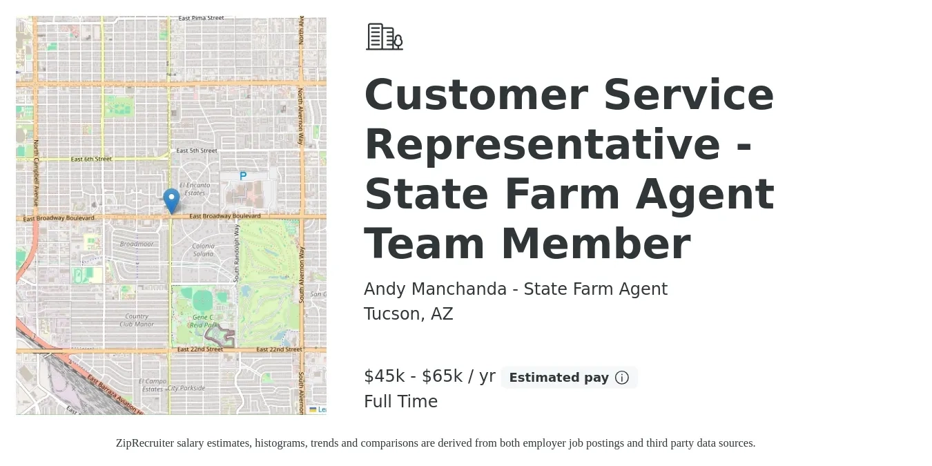 Andy Manchanda - State Farm Agent job posting for a Customer Service Representative - State Farm Agent Team Member in Tucson, AZ with a salary of $30,000 to $60,000 Yearly with a map of Tucson location.