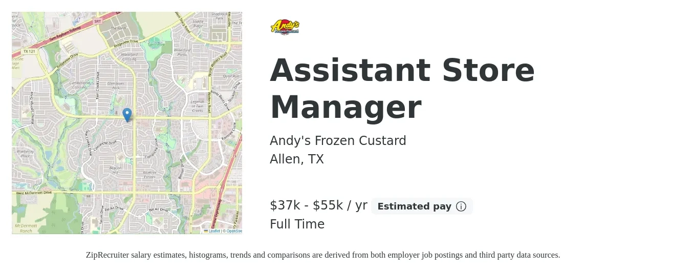Andy's Frozen Custard job posting for a Assistant Store Manager in Allen, TX with a salary of $37,500 to $55,000 Yearly with a map of Allen location.