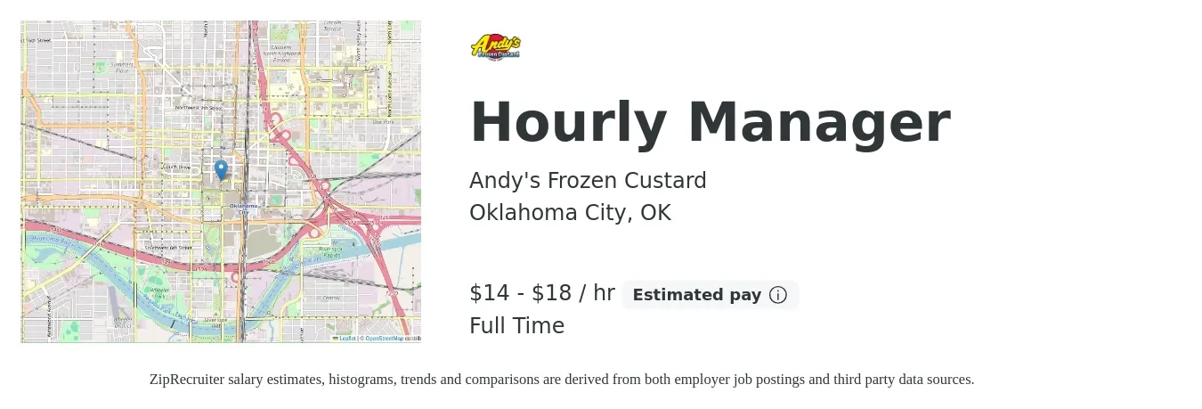 Andy's Frozen Custard job posting for a Hourly Manager in Oklahoma City, OK with a salary of $15 to $19 Hourly with a map of Oklahoma City location.