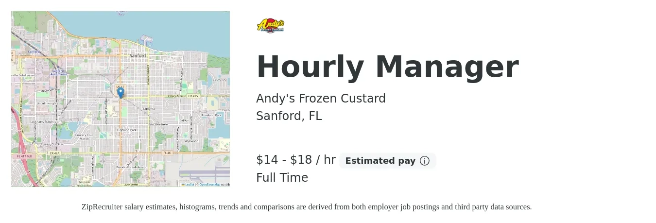 Andy's Frozen Custard job posting for a Hourly Manager in Sanford, FL with a salary of $15 to $19 Hourly with a map of Sanford location.