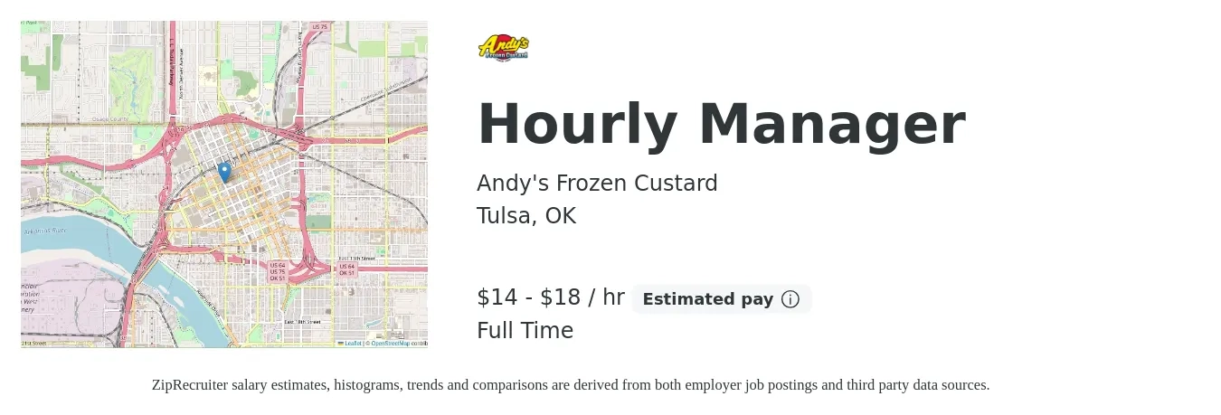Andy's Frozen Custard job posting for a Hourly Manager in Tulsa, OK with a salary of $15 to $19 Hourly with a map of Tulsa location.