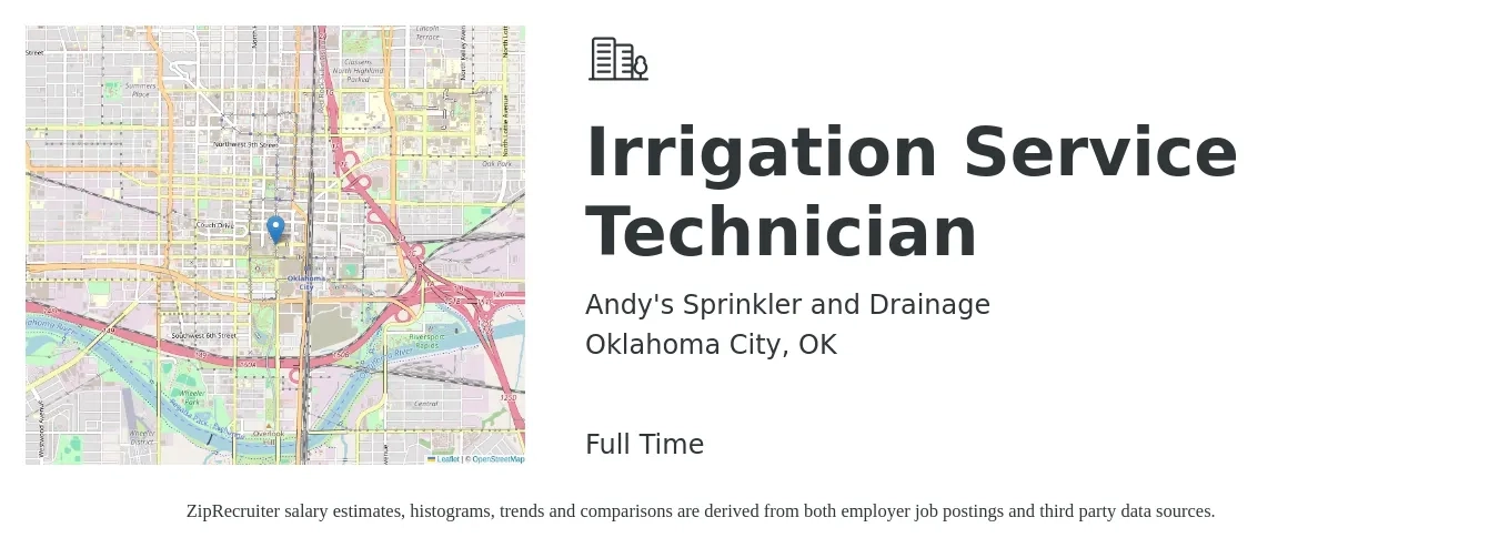 Andy's Sprinkler and Drainage job posting for a Irrigation Service Technician in Oklahoma City, OK with a salary of $50,000 to $80,000 Yearly with a map of Oklahoma City location.