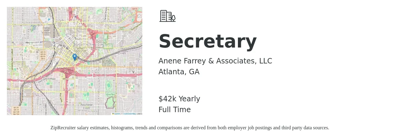 Anene Farrey & Associates, LLC job posting for a Secretary in Atlanta, GA with a salary of $42,000 Yearly with a map of Atlanta location.