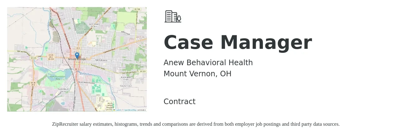 Anew Behavioral Health job posting for a Case Manager in Mount Vernon, OH with a salary of $19 Hourly with a map of Mount Vernon location.