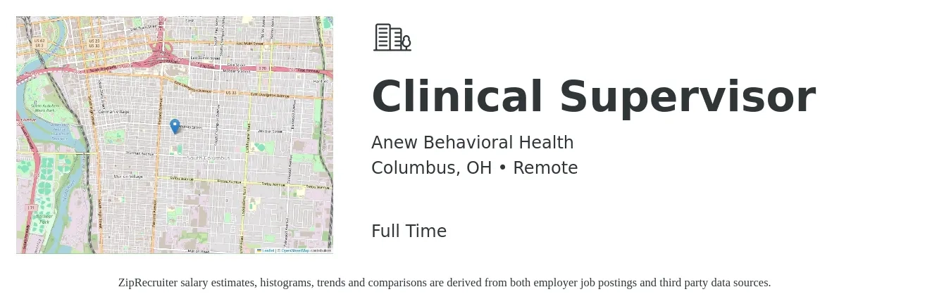 Anew Behavioral Health job posting for a Clinical Supervisor in Columbus, OH with a salary of $55,000 to $70,000 Yearly with a map of Columbus location.