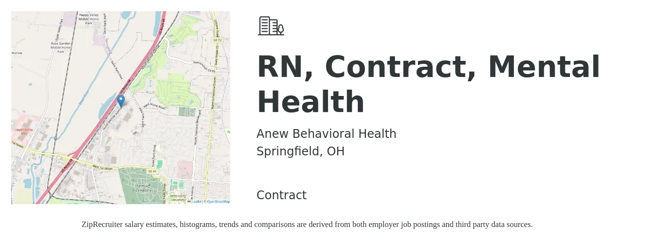 Anew Behavioral Health job posting for a RN, Contract, Mental Health in Springfield, OH with a salary of $37 Hourly with a map of Springfield location.