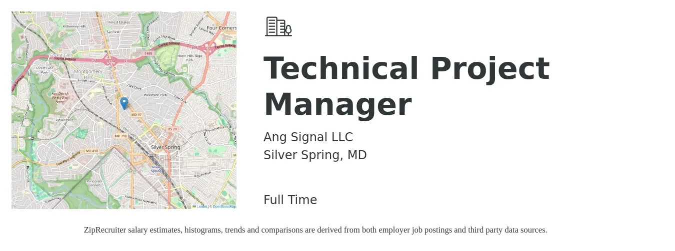 Ang Signal LLC job posting for a Technical Project Manager in Silver Spring, MD with a salary of $99,400 to $139,300 Yearly with a map of Silver Spring location.