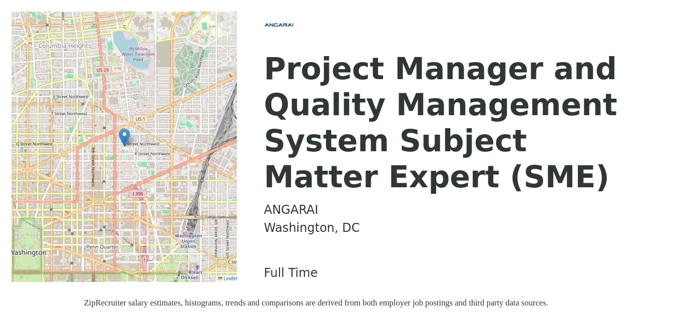 ANGARAI job posting for a Project Manager and Quality Management System Subject Matter Expert (SME) in Washington, DC with a salary of $85,500 to $138,700 Yearly with a map of Washington location.