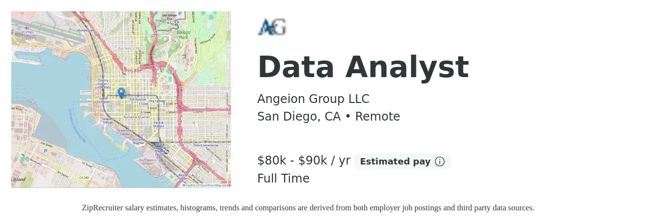 Angeion Group LLC job posting for a Data Analyst in San Diego, CA with a salary of $80,000 to $90,000 Yearly with a map of San Diego location.