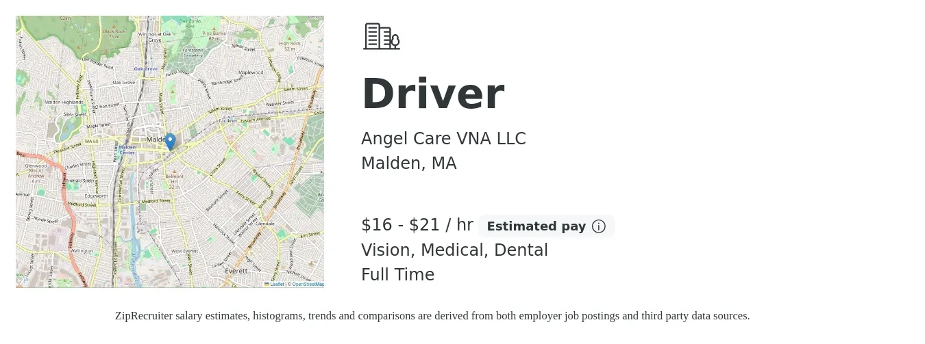 Angel Care VNA LLC job posting for a Driver in Malden, MA with a salary of $17 to $22 Hourly and benefits including retirement, vision, dental, life_insurance, and medical with a map of Malden location.