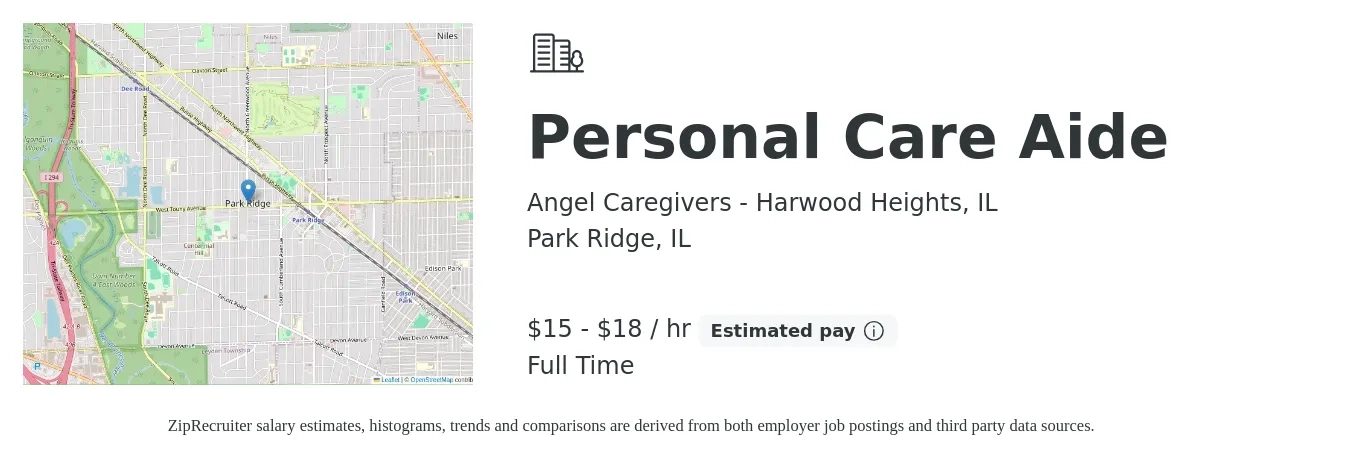 Angel Caregivers - Harwood Heights, IL job posting for a Personal Care Aide in Park Ridge, IL with a salary of $16 to $19 Hourly with a map of Park Ridge location.