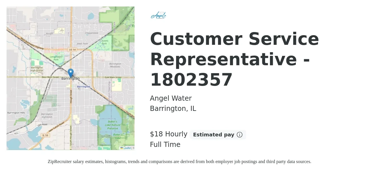 Angel Water job posting for a Customer Service Representative - 1802357 in Barrington, IL with a salary of $19 Hourly with a map of Barrington location.