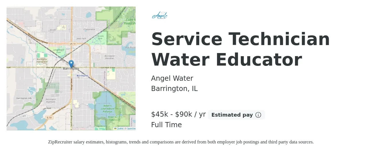 Angel Water job posting for a Service Technician Water Educator in Barrington, IL with a salary of $45,000 to $90,000 Yearly with a map of Barrington location.