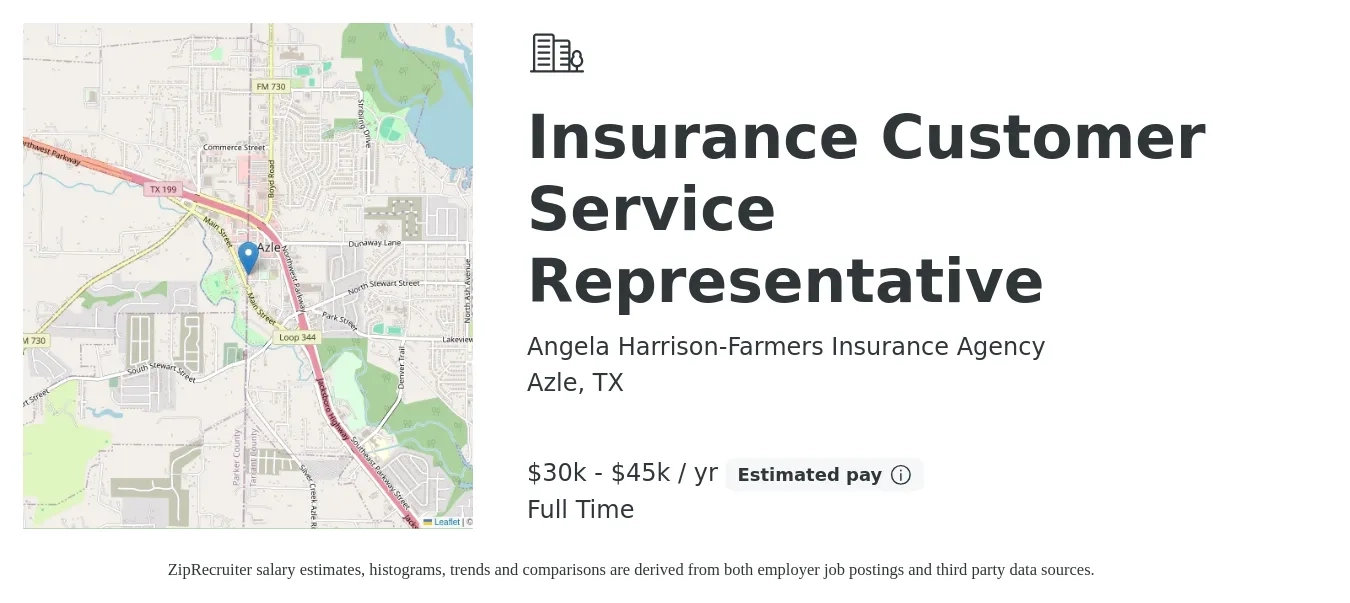 Angela Harrison-Farmers Insurance Agency job posting for a Insurance Customer Service Representative in Azle, TX with a salary of $30,000 to $45,000 Yearly with a map of Azle location.