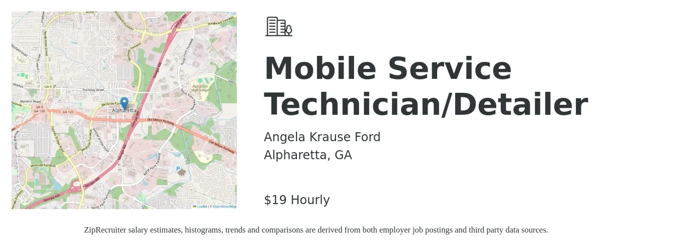 Angela Krause Ford job posting for a Mobile Service Technician/Detailer in Alpharetta, GA with a salary of $20 Hourly with a map of Alpharetta location.