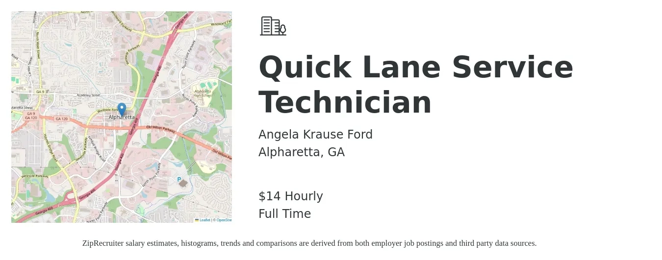 Angela Krause Ford job posting for a Quick Lane Service Technician in Alpharetta, GA with a salary of $15 Hourly with a map of Alpharetta location.