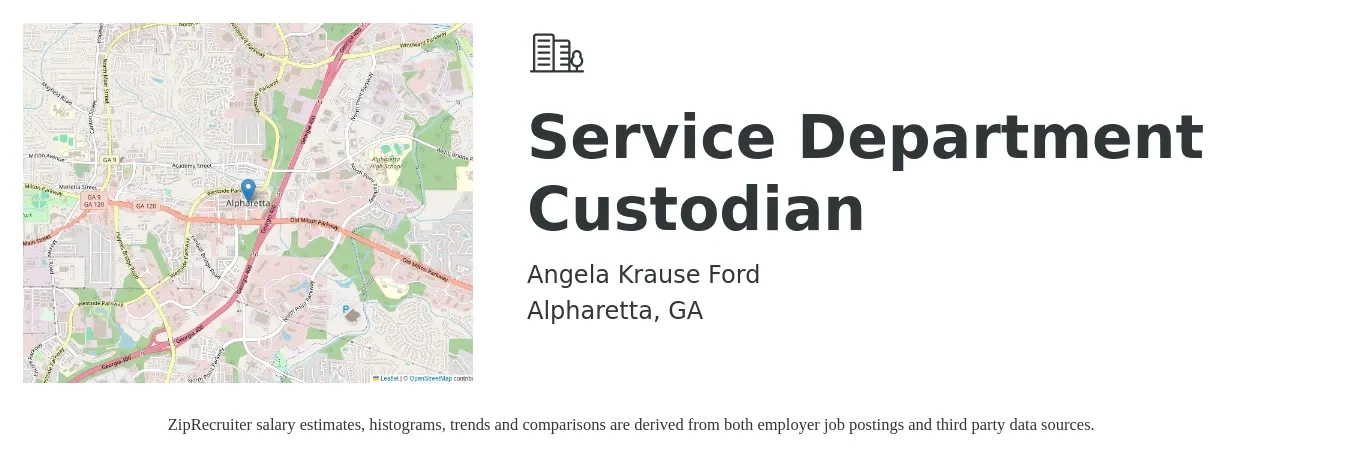 Angela Krause Ford job posting for a Service Department Custodian in Alpharetta, GA with a salary of $14 to $18 Hourly with a map of Alpharetta location.