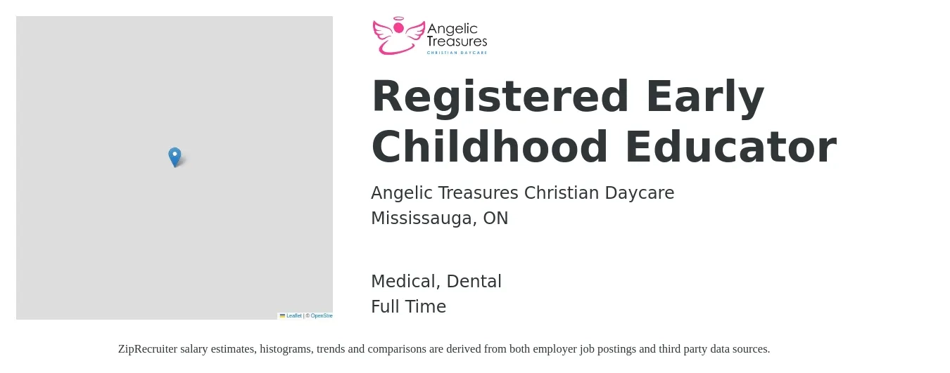 Angelic Treasures Christian Daycare job posting for a Registered Early Childhood Educator in Mississauga, ON and benefits including dental, life_insurance, and medical with a map of Mississauga location.