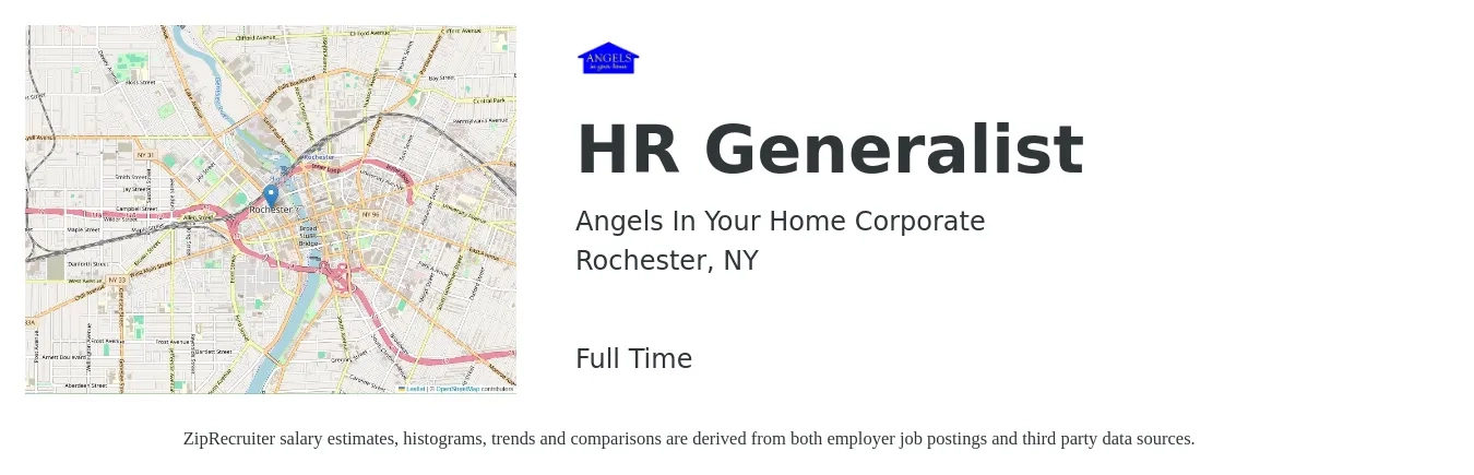 Angels In Your Home Corporate job posting for a HR Generalist in Rochester, NY with a salary of $51,300 to $73,000 Yearly with a map of Rochester location.