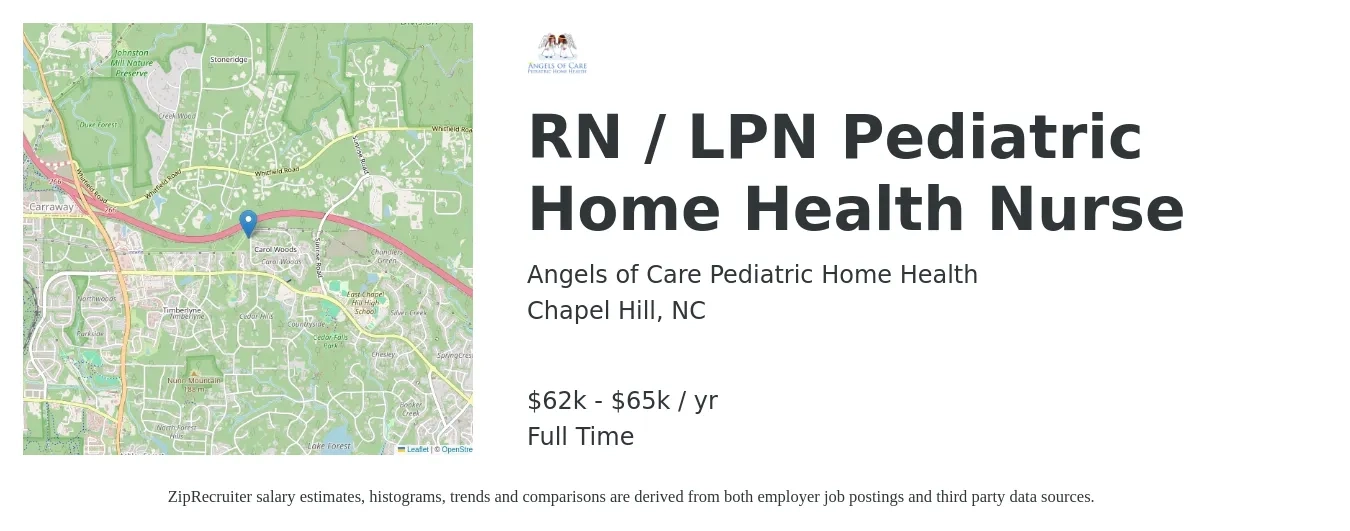Angels of Care Pediatric Home Health job posting for a RN / LPN Pediatric Home Health Nurse in Chapel Hill, NC with a salary of $62,000 to $65,000 Yearly with a map of Chapel Hill location.