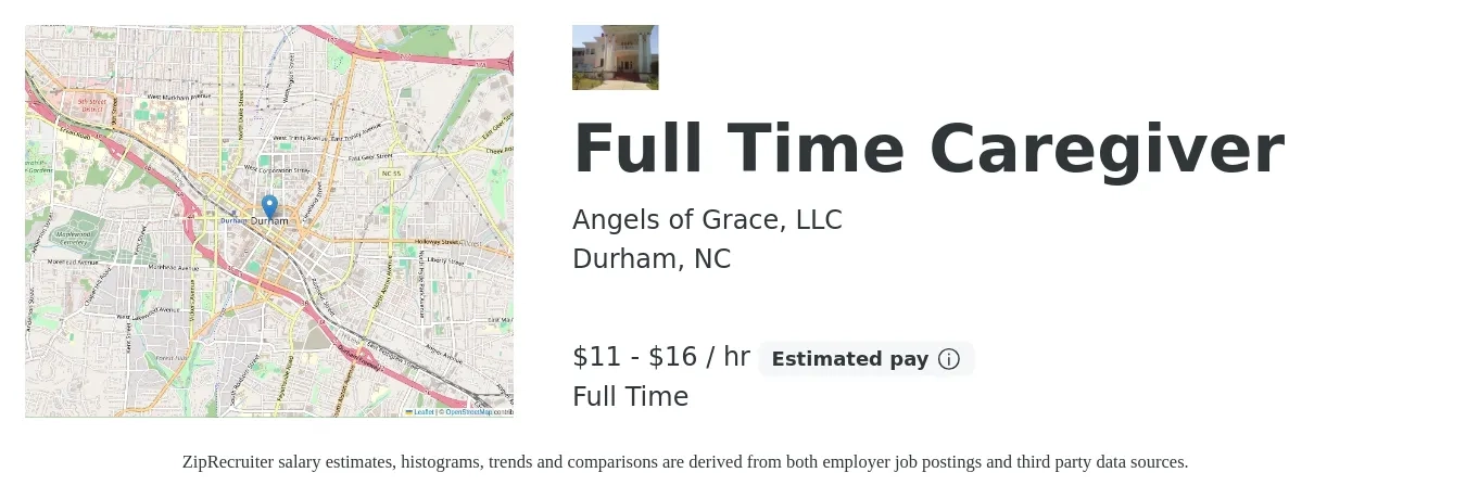 Angels of Grace, LLC job posting for a Full Time Caregiver in Durham, NC with a salary of $12 to $17 Hourly with a map of Durham location.
