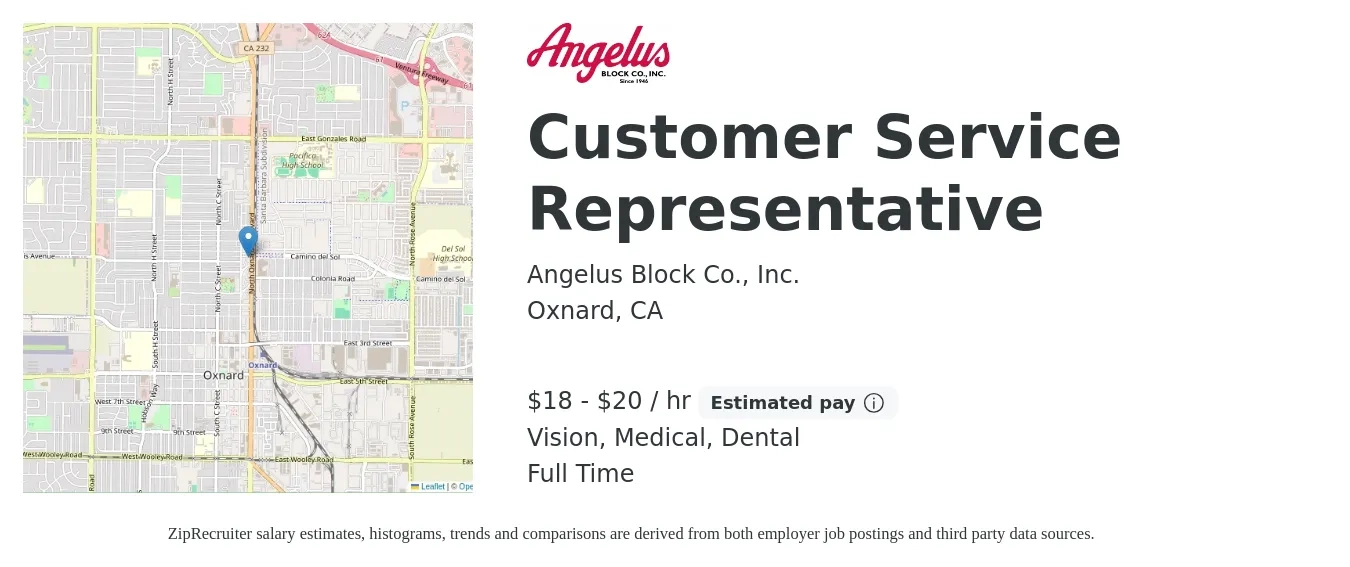 Angelus Block Co., Inc. job posting for a Customer Service Representative in Oxnard, CA with a salary of $19 to $21 Hourly and benefits including pto, retirement, vision, dental, life_insurance, and medical with a map of Oxnard location.