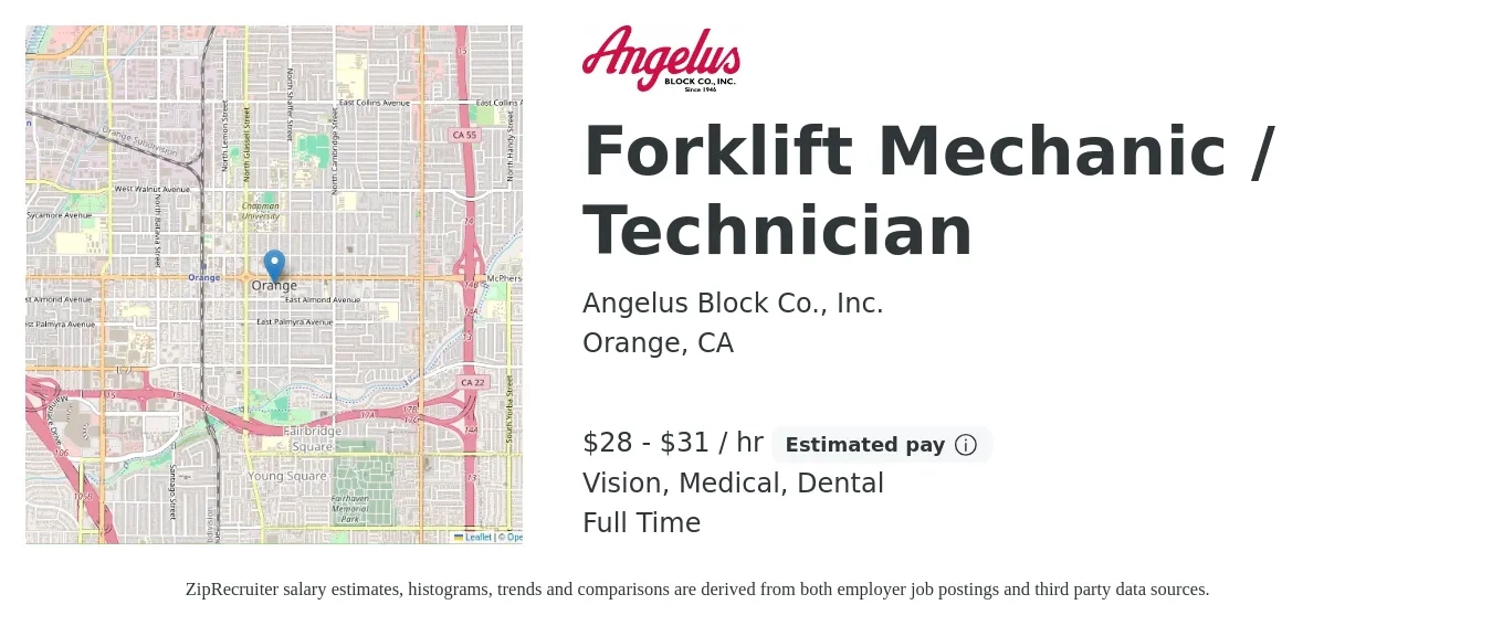 Angelus Block Co., Inc. job posting for a Forklift Mechanic / Technician in Orange, CA with a salary of $30 to $33 Hourly and benefits including vision, dental, and medical with a map of Orange location.
