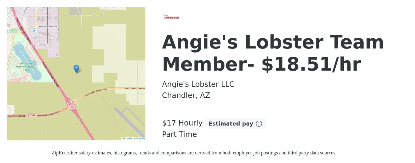 Angie's Lobster LLC job posting for a Angie's Lobster Team Member- $18.51/hr in Chandler, AZ with a salary of $19 Hourly with a map of Chandler location.