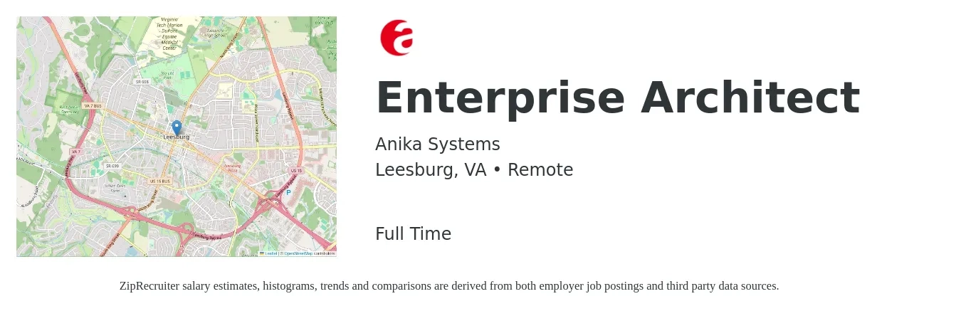 Anika Systems job posting for a Enterprise Architect in Leesburg, VA with a salary of $70 to $90 Hourly with a map of Leesburg location.