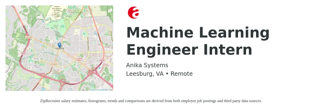 Anika Systems job posting for a Machine Learning Engineer Intern in Leesburg, VA with a salary of $32,900 to $46,500 Yearly with a map of Leesburg location.