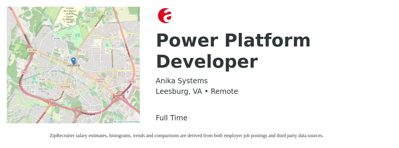 Anika Systems job posting for a Power Platform Developer in Leesburg, VA with a salary of $57 to $69 Hourly with a map of Leesburg location.
