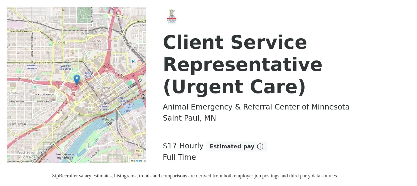 Animal Emergency & Referral Center of Minnesota job posting for a Client Service Representative (Urgent Care) in Saint Paul, MN with a salary of $18 Hourly with a map of Saint Paul location.