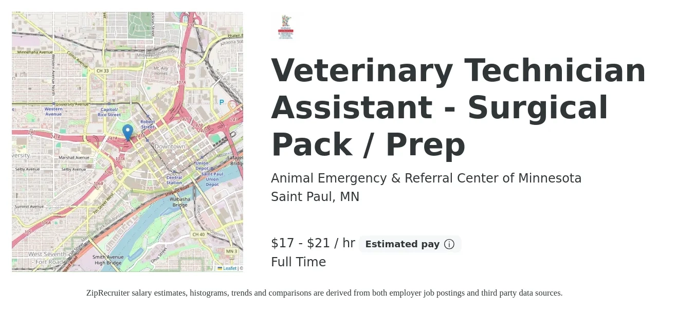 Animal Emergency & Referral Center of Minnesota job posting for a Veterinary Technician Assistant - Surgical Pack / Prep in Saint Paul, MN with a salary of $18 to $22 Hourly with a map of Saint Paul location.