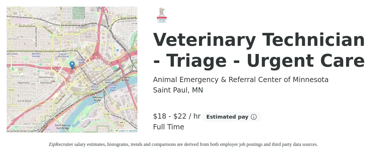 Animal Emergency & Referral Center of Minnesota job posting for a Veterinary Technician - Triage - Urgent Care in Saint Paul, MN with a salary of $40,000 Yearly with a map of Saint Paul location.