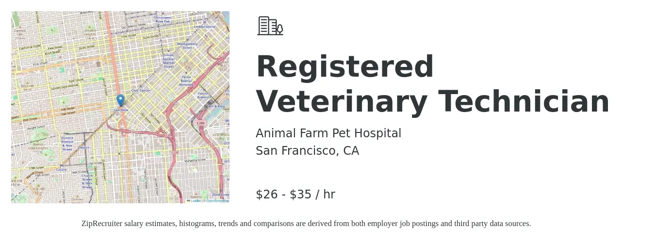 Animal Farm Pet Hospital job posting for a Registered Veterinary Technician in San Francisco, CA with a salary of $28 to $37 Hourly with a map of San Francisco location.