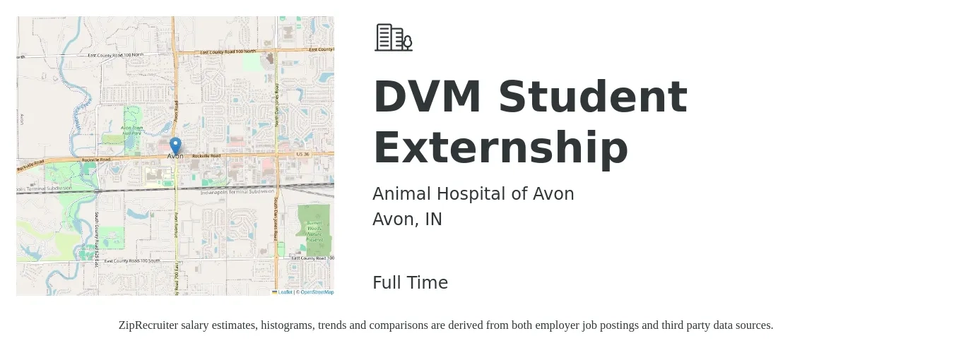 Animal Hospital of Avon job posting for a DVM Student Externship in Avon, IN with a salary of $107,400 to $209,100 Yearly with a map of Avon location.