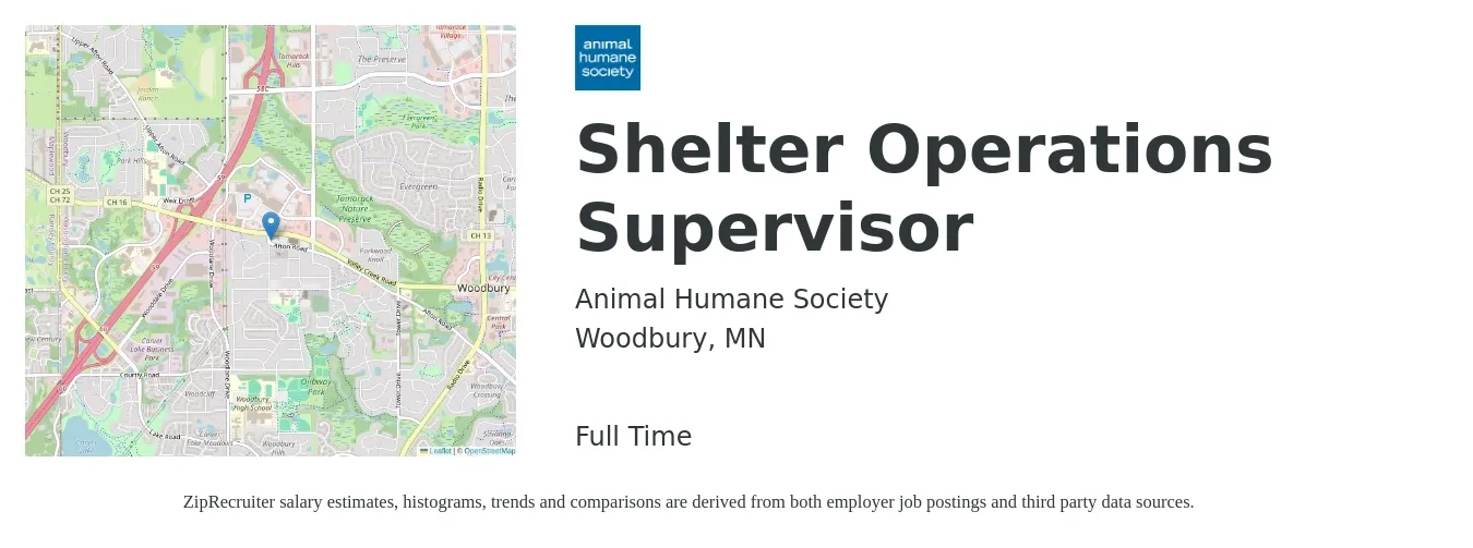 Animal Humane Society job posting for a Shelter Operations Supervisor in Woodbury, MN with a salary of $24 to $25 Hourly with a map of Woodbury location.