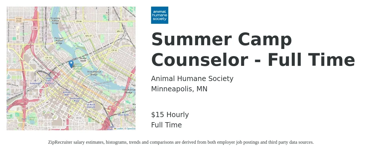 Animal Humane Society job posting for a Summer Camp Counselor - Full Time in Minneapolis, MN with a salary of $16 Hourly with a map of Minneapolis location.